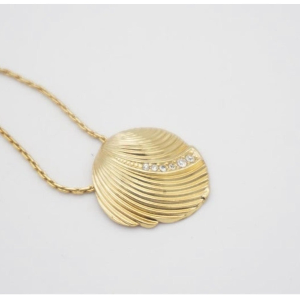 CHRISTIAN DIOR Vintage 80’s Modernist Shell Pendant W/ Crystals Gold Necklace - Picture 4 of 10